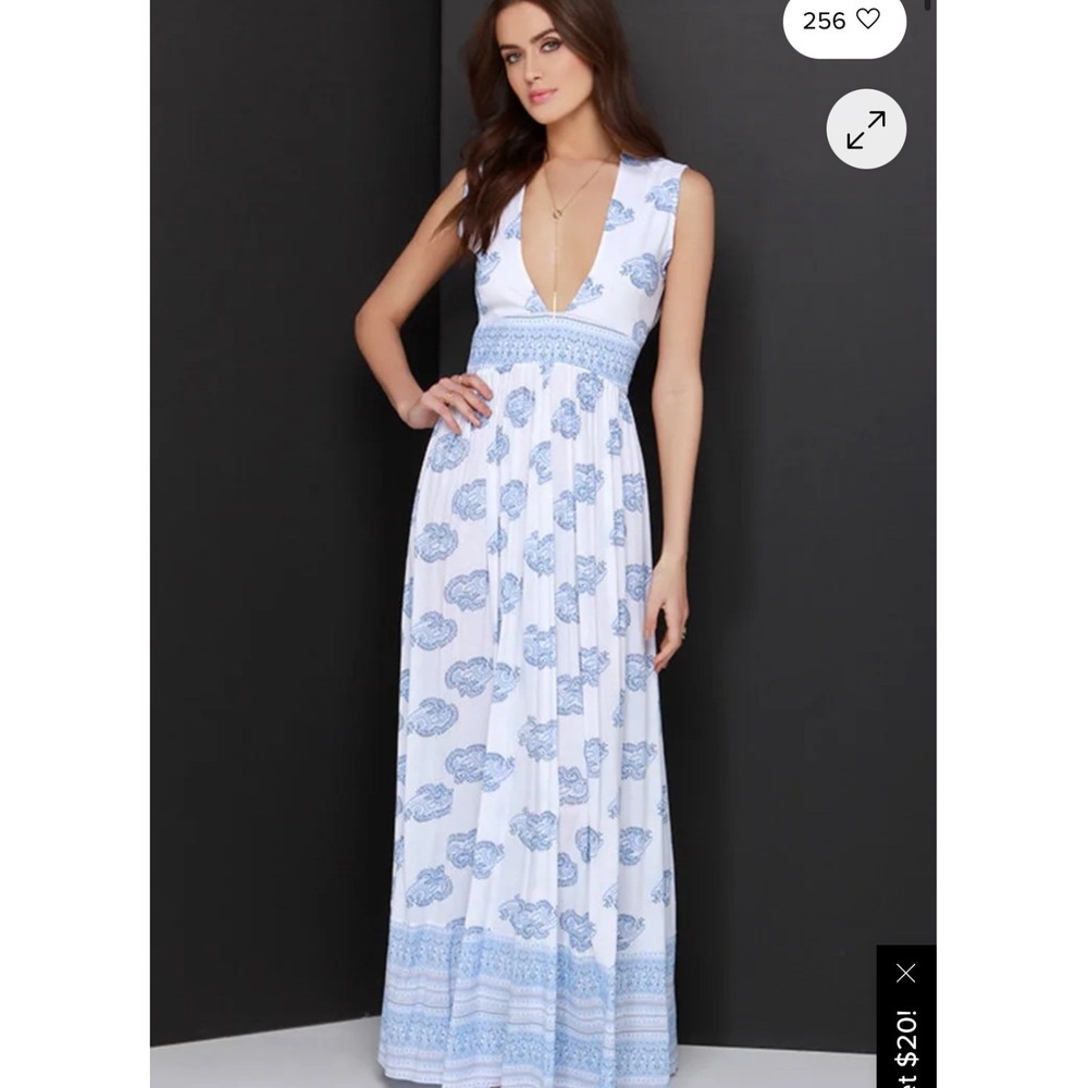Faithfull The Brand Orchard Blue White Paisley Halter V-Neck Maxi Dress Size Med